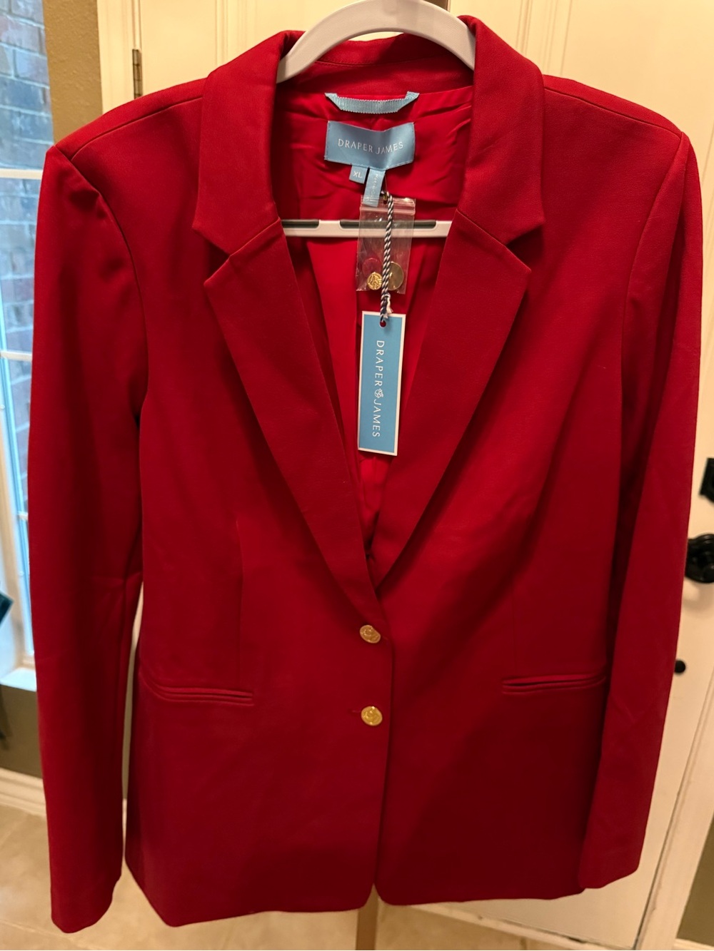 Draper James Bright Red Single-Breasted Blazer with Gold Buttons